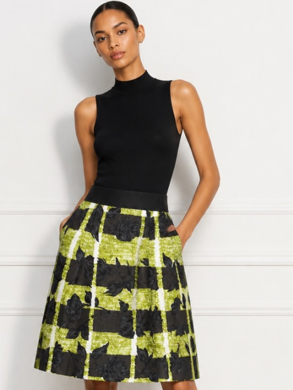 ETCETERA Skirt Pleated Flare Full Green Black Cotton Pockets Floral Size 10